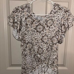 Sandy Dandy Floral Ruffle Sleeve Top - Brown and White